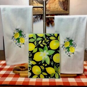 Kitchen Cutting Board Tempered Glass 8x11 and 2 Embroidered Kitchen Towels 28x28